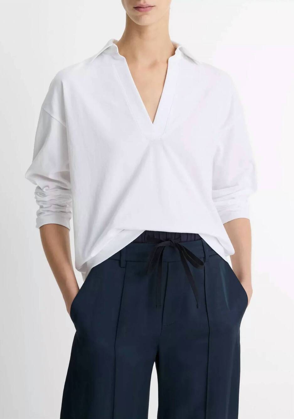 NEW VINCE easy long sleeve polo top in optic white